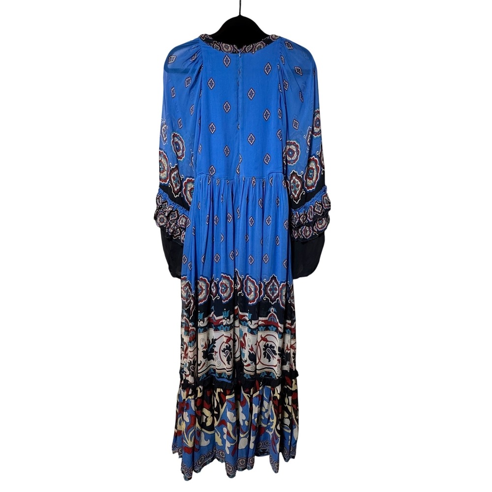 FARM Rio Ainika Tiles Maxi Dress Blue Long Sleeve V Neck Tiered Flowy - Picture 10 of 14